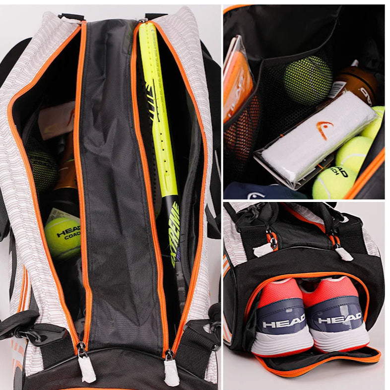 Saco De Raquetes De Tênis De Cabeça, Mochila De Grande Capacidade, Badminton Gymbag, Saco De Raquete De Squash com Sapatos Separados, 3-6 Peças